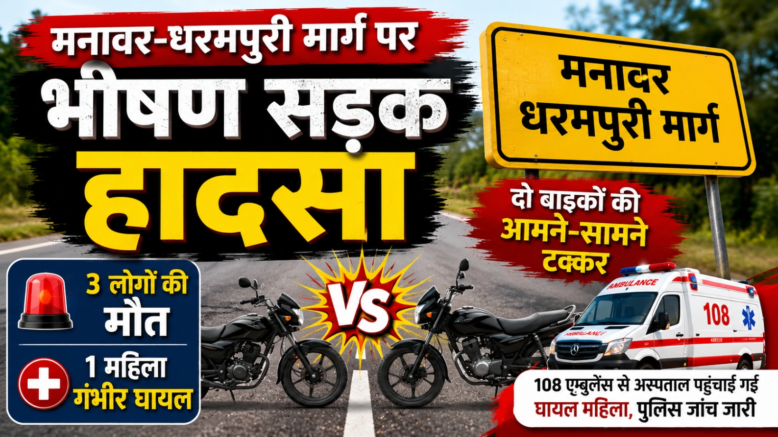 दो बाइकों की आमने-सामने टक्कर में तीन की मौत, महिला गंभीर घायल