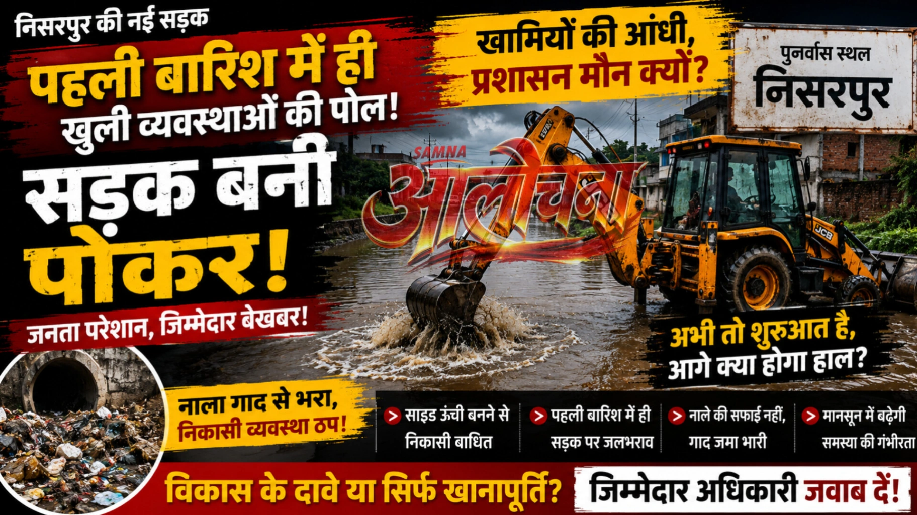 पुनर्वास स्थल निसरपुर में नई सड़क बनी तालाब, जिम्मेदारों की कार्यप्रणाली पर उठे गंभीर सवाल